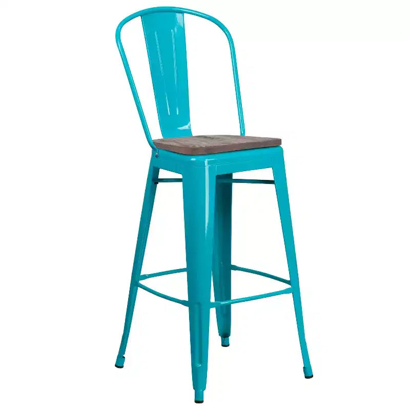 Tabouret de bar en métal avec dossier et assise en bois, hauteur 76 cm