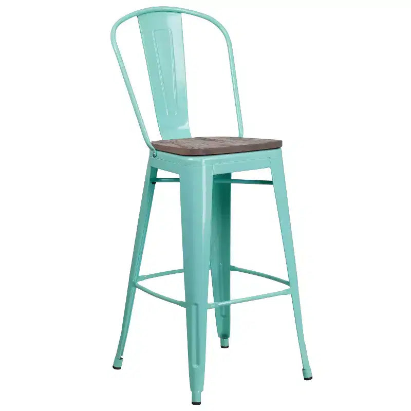 Tabouret de bar en métal avec dossier et assise en bois, hauteur 76 cm
