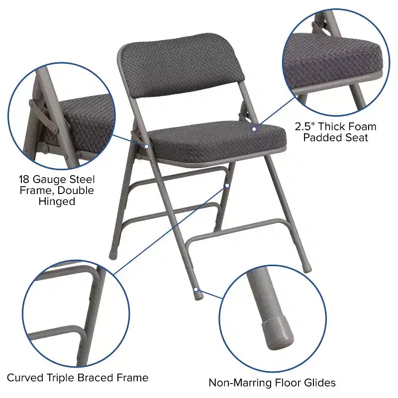 Lot de 2 chaises pliantes en métal courbées à triple renfort et articulées, recouvertes de tissu de qualité supérieure