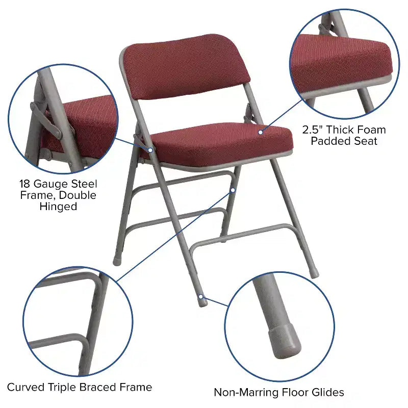 Lot de 2 chaises pliantes en métal courbées à triple renfort et articulées, recouvertes de tissu de qualité supérieure