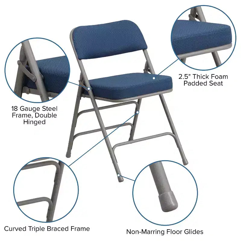 Lot de 2 chaises pliantes en métal courbées à triple renfort et articulées, recouvertes de tissu de qualité supérieure