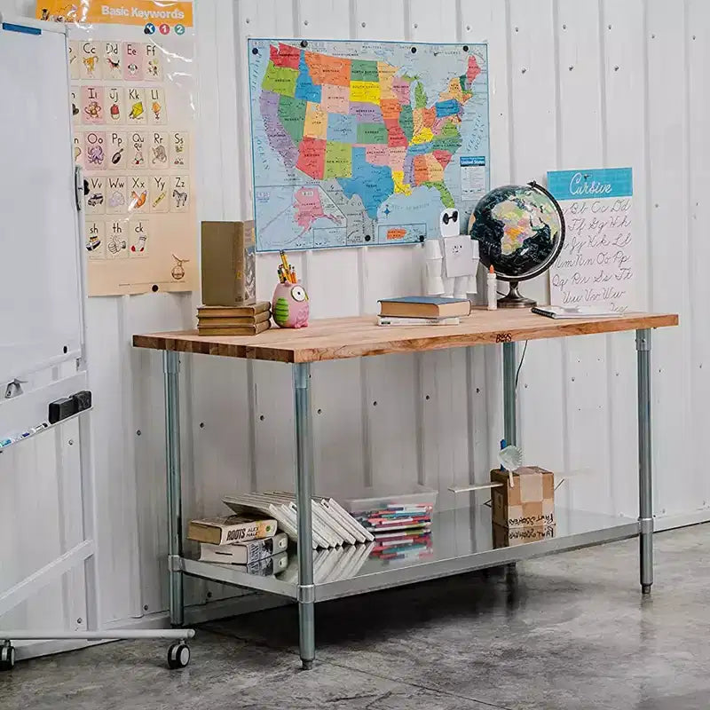 Table de travail avec plateau en bois d'érable et étagère inférieure réglable, 60 x 30 x 1,5