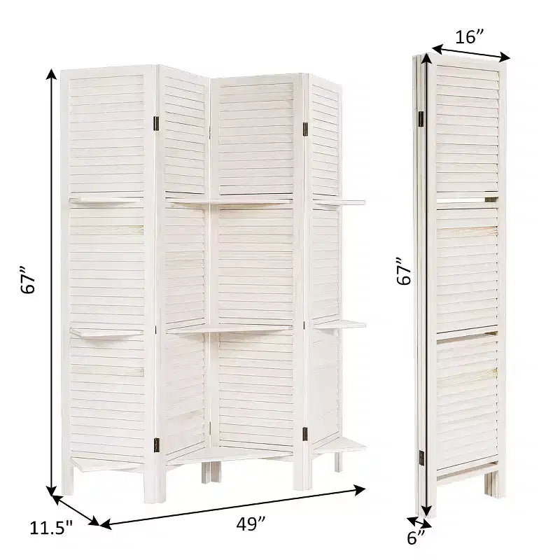 Paravent pliant à 4 panneaux avec 3 étagères de présentation 170 cm de haut Blanc/Naturel