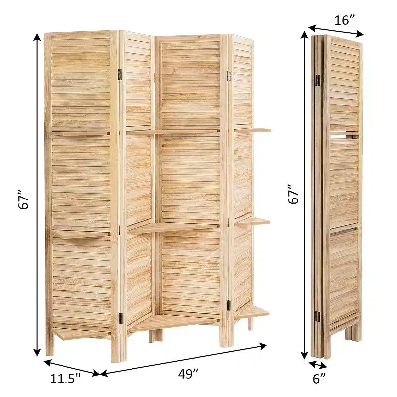 Paravent pliant à 4 panneaux avec 3 étagères de présentation 170 cm de haut Blanc/Naturel
