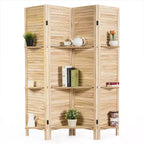 Costway 4 Panel Folding Room Divider Screen W/3 Display Shelves 5.6 Ft Tall WhiteNatural