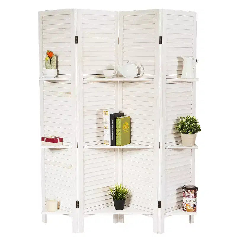 Paravent pliant à 4 panneaux avec 3 étagères de présentation 170 cm de haut Blanc/Naturel